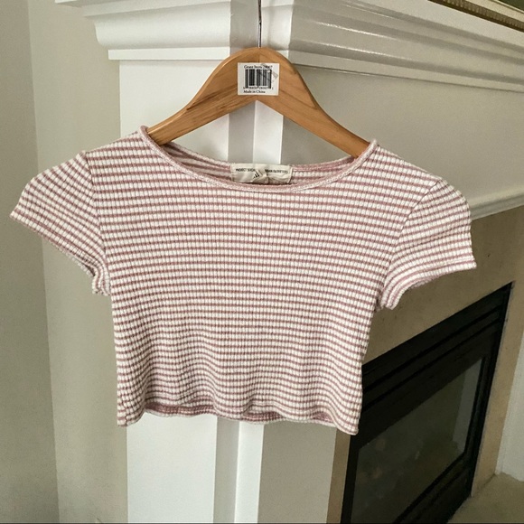 PROJECT SOCIAL T Purple White Striped Scoopneck Fitted T-shirt Crop Top - Picture 2 of 4